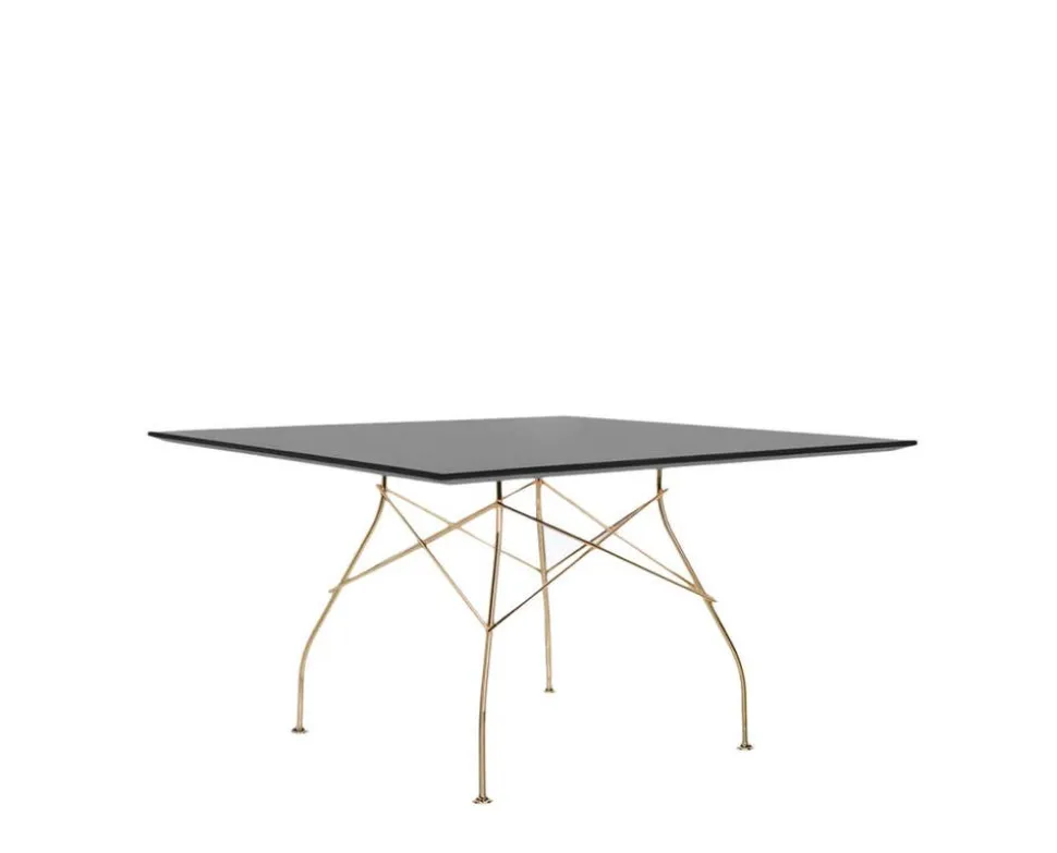 Glossy Matbord 130x130 | Svart skiva, Guldben