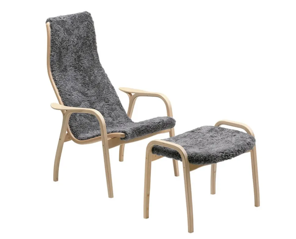 Lamino fåtölj + pall Lackad bok | Fårskinn Scandinavian Grey