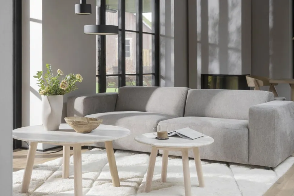 Taransay Soffbord Ø90 | Beige Travertin / Vitpigm. Ek