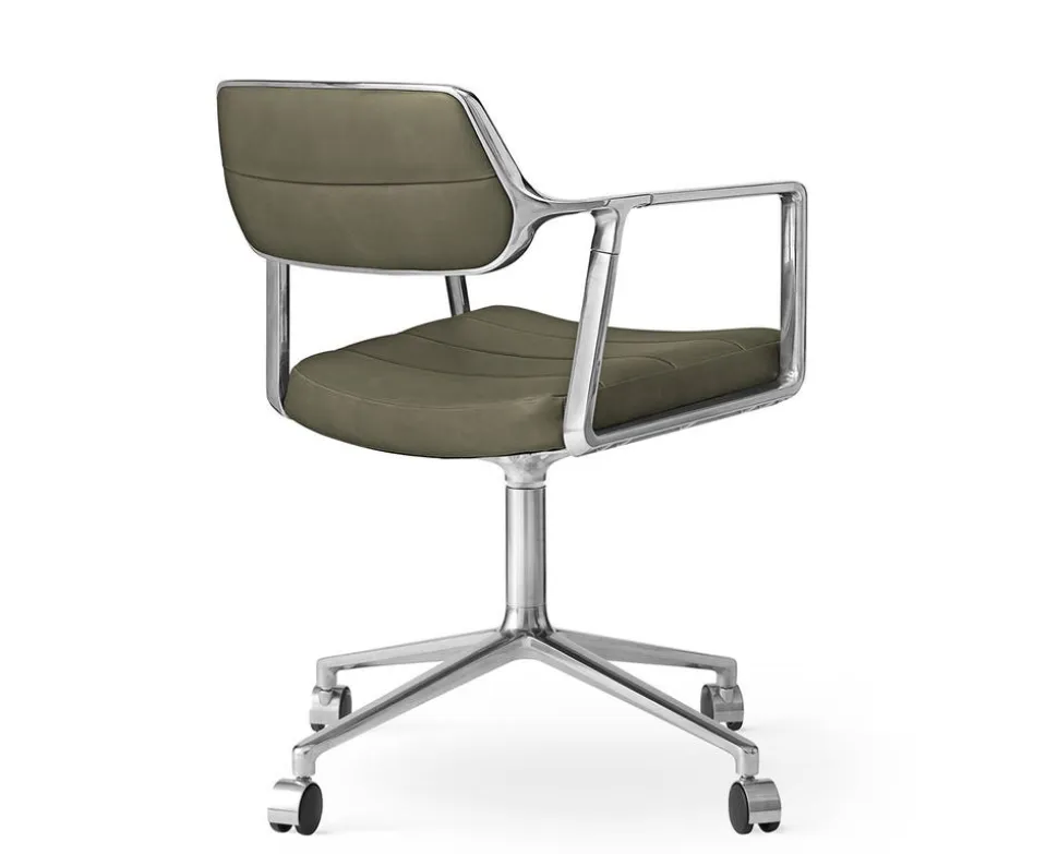 Vipp 453 Swivel Stol | Hjul | Bosco Grönt Läder, Polerat Aluminium